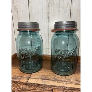2 Vintage Blue Aqua Ball Perfect Mason Jar 1923-1933 #9 & #14 w/ Lids & Gaskets